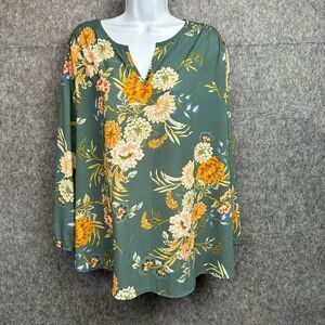 Monday Fun Tunic Top‎ Womens 2X Green Floral Artsy Splitneck Long Bishop Sleeve